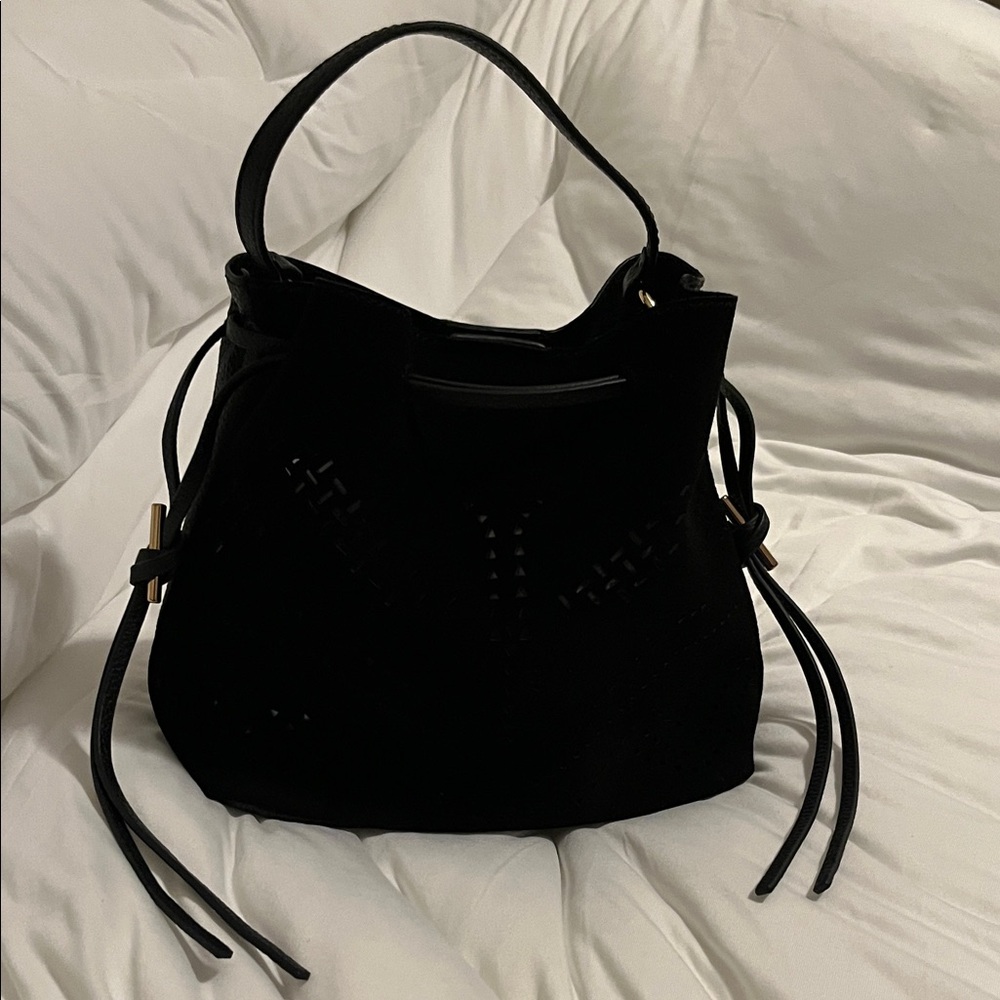 Vince Camuto Black Woven-Detail Suede and Leather Bag